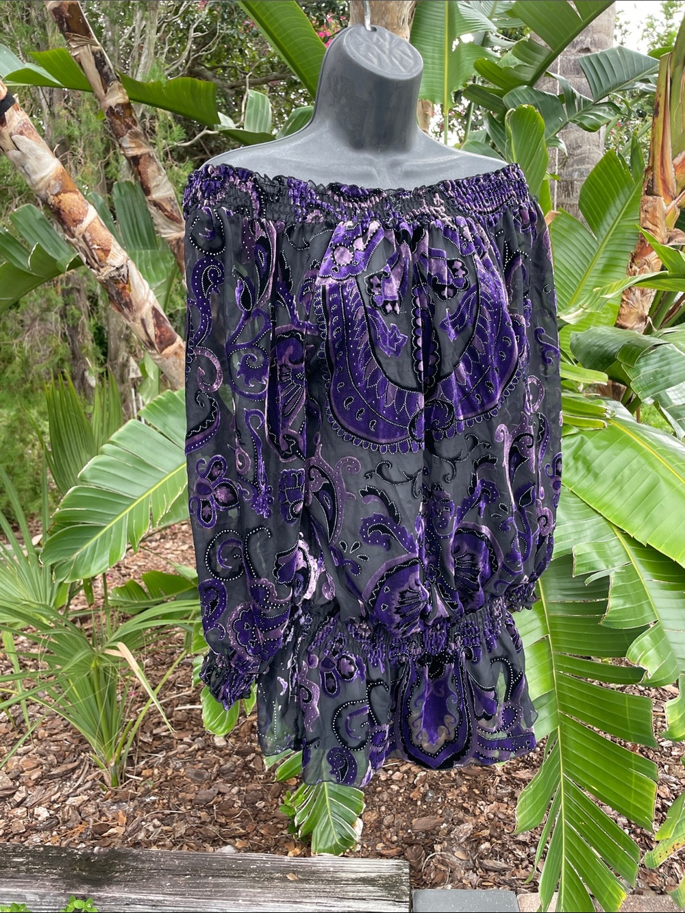 Purple velvet burn out peasant blouse off the shoulder